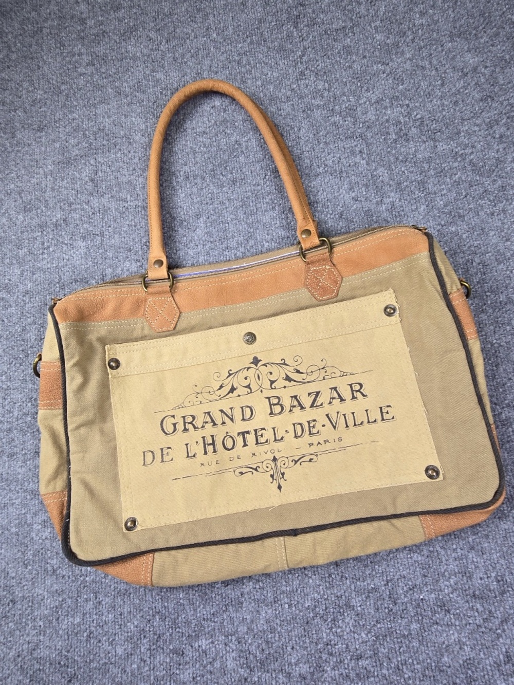 Grand Bazar Upcycled Military Canvas & Leather Weekend Tote - Vintage Paris